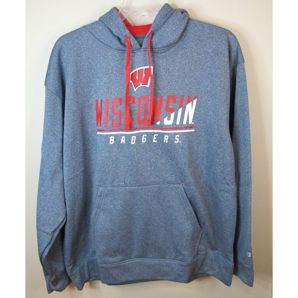 Champion Wisconsin Badgers Men's XL Gray Football Hooded‎ Sweatshirt Hoodie
